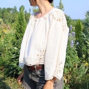 Upcycled Tablecloth Blouse with Lace Details Peasant Gather Vintage Cream M L
